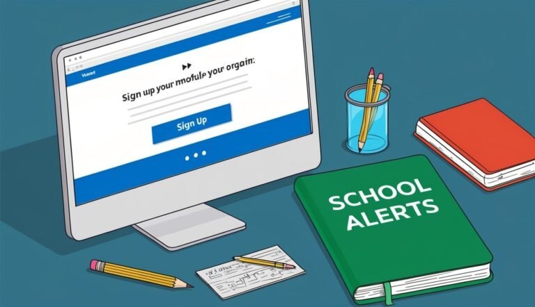 Desktop computer with "Sign Up" button, school books, pencils, and notepad