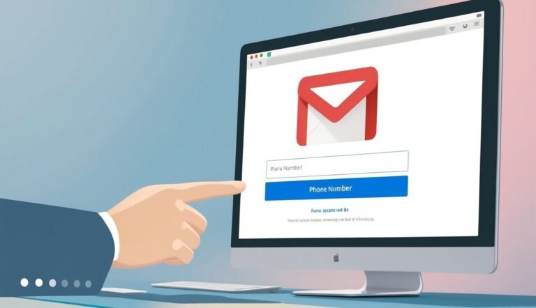 Hand pointing at a Gmail login screen, asking for a phone number
