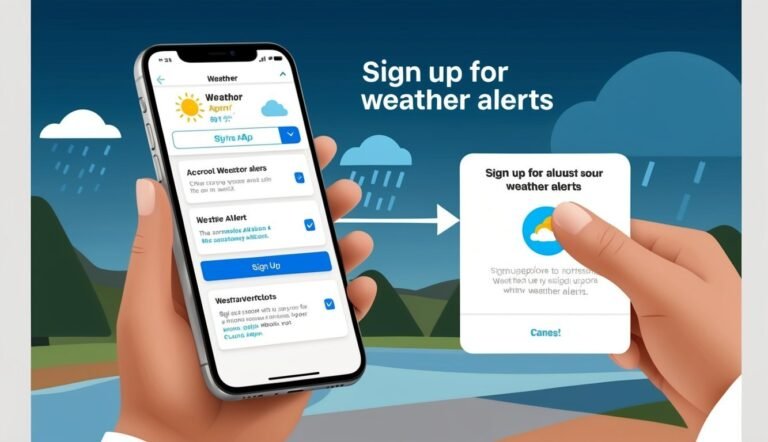 Phone displaying weather app, with hand pointing to "Sign up for weather alerts" button