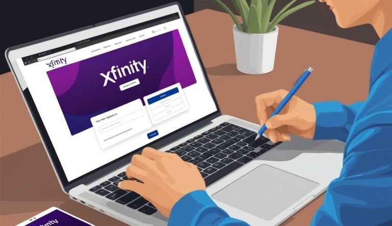 Person using laptop with Xfinity website open, writing with pen