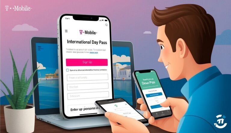 Man using multiple phones and laptop with T-Mobile International Day Pass app