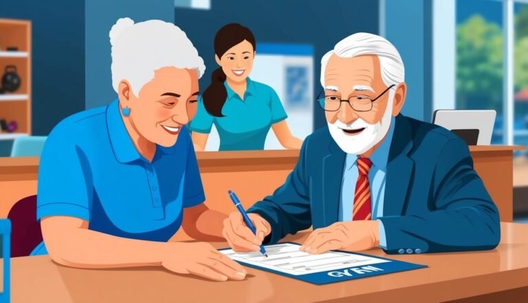 Senior couple signing a document with a smiling assistant in the background