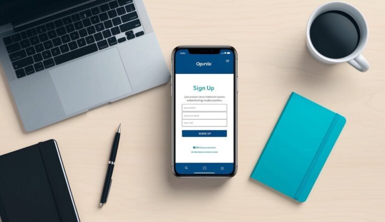 Smartphone with "Sign Up" form, laptop, coffee, notebook, and pen on a desk