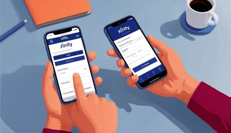 Two hands holding Xfinity app phones, coffee cup, and office supplies