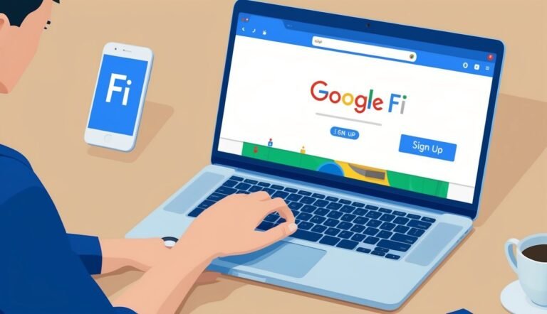 Person using laptop with Google Fi website, phone with Fi logo nearby