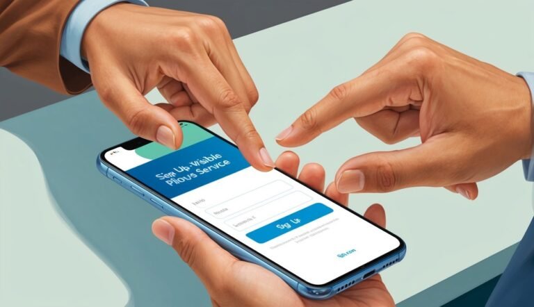 Hands interacting with a phone screen, signing up for a service