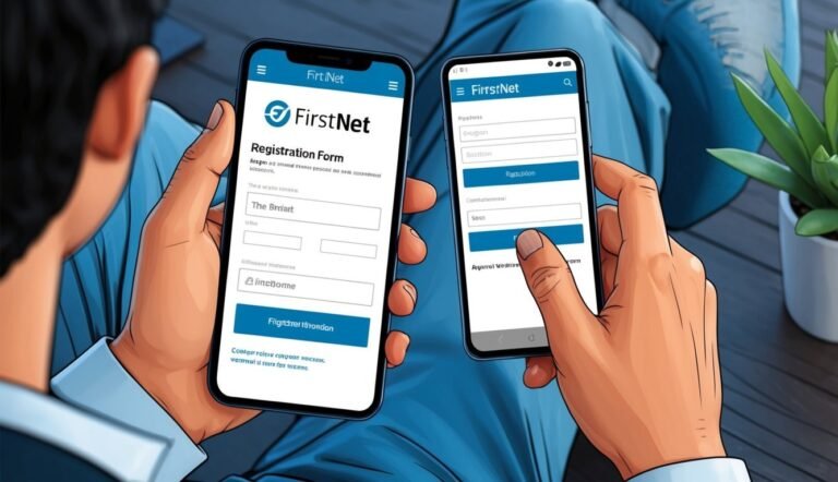 Person using two smartphones, both displaying a FirstNet registration form