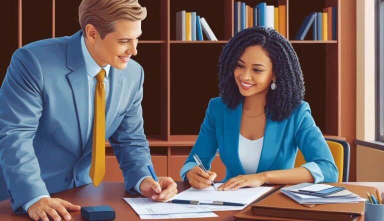 Two business people smiling while signing documents at a desk