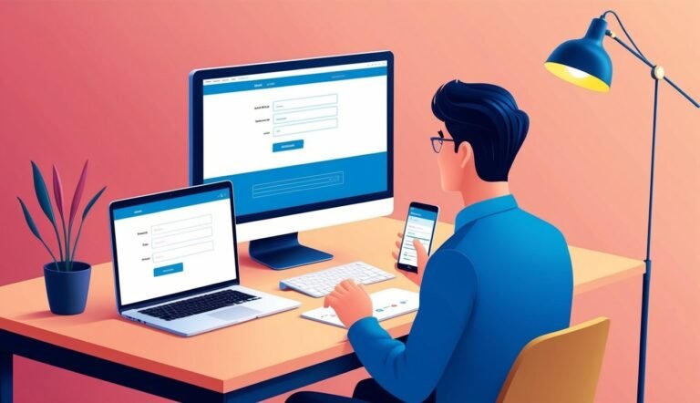 Man working on multiple devices, filling out online form