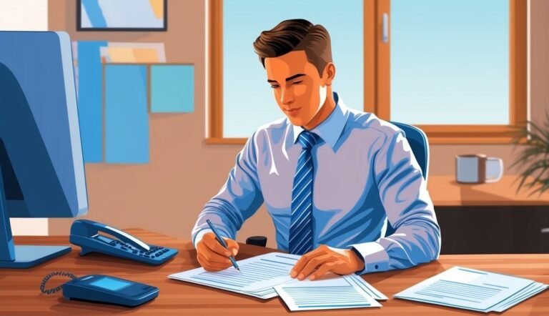 Man in office writing on papers at desk with computer