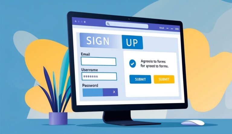 Computer screen displaying a sign-up form with email, username, and password fields