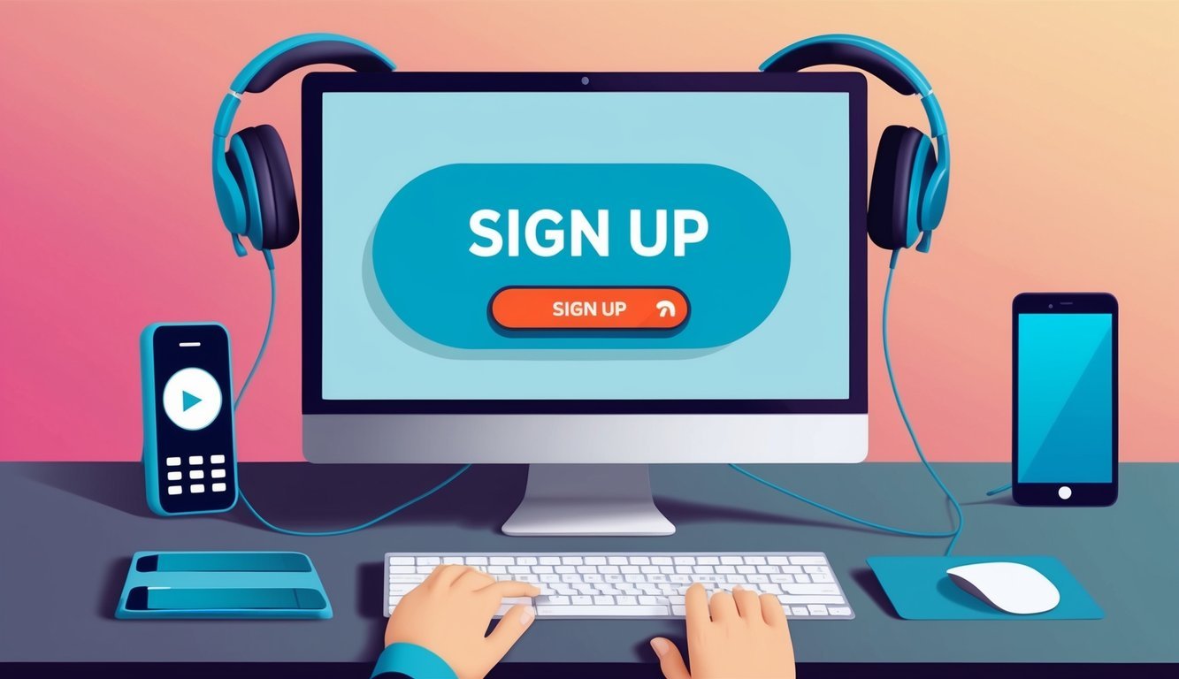 A computer screen with a "Sign Up" button surrounded by a headset, phone, and computer mouse