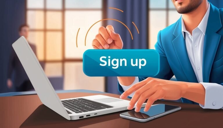Man in suit with laptop, phone, and "Sign up" button