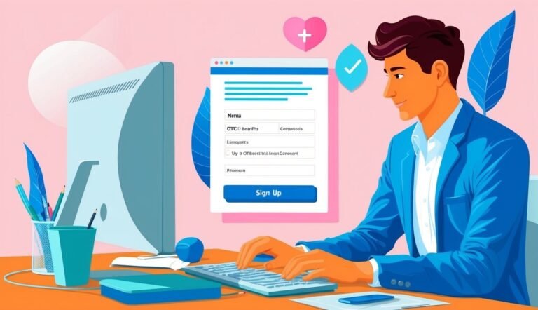 Man in blue suit signing up on a computer form