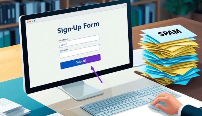 Computer screen with sign-up form, arrow pointing to "Subraff," and a stack of "SPAM" notes