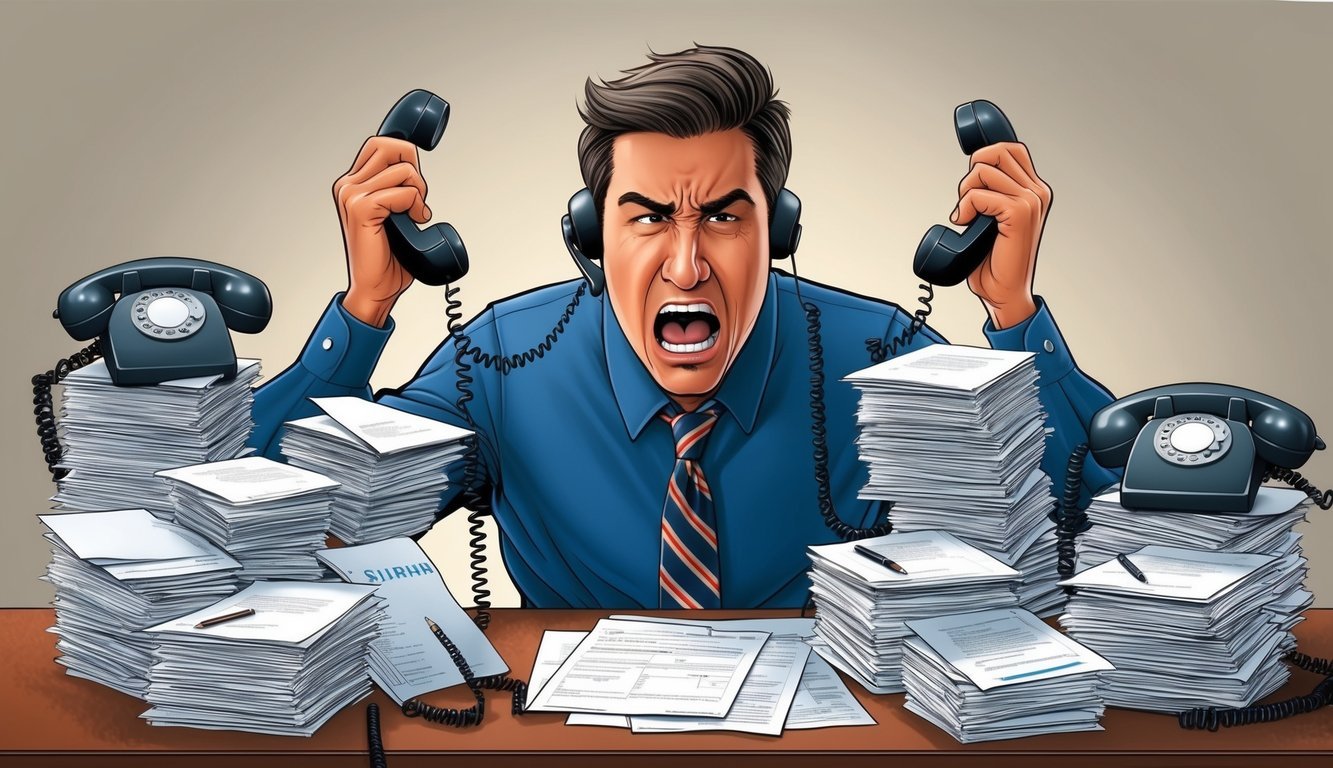 A frustrated person surrounded by ringing phones and piles of paperwork