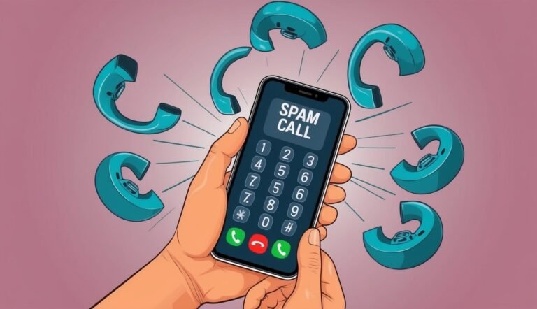 Hand holding phone with "Spam Call" on screen, surrounded by phone receivers