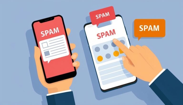 Three smartphones with "SPAM" labels, illustrating spam messages and blocking