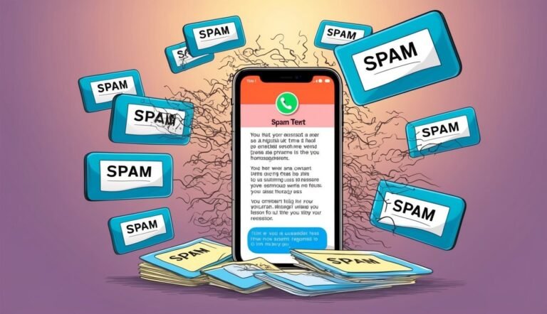 Smartphone displaying spam text message, surrounded by spam notification icons and papers