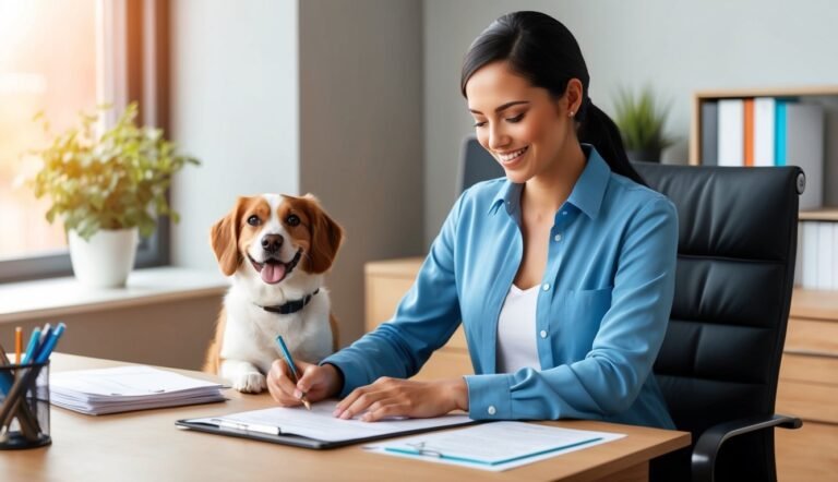 Woman working at desk with dog smiling beside her