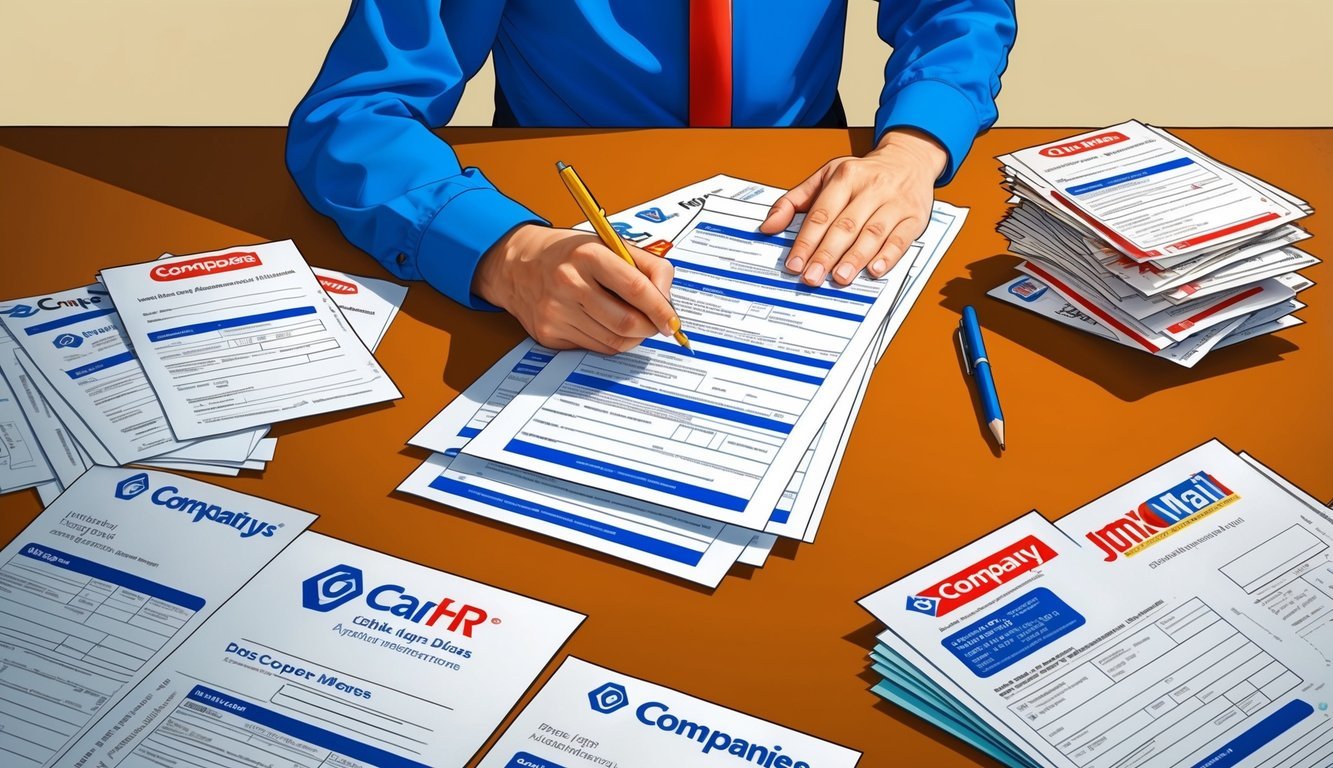 A person at a desk, filling out multiple forms with various companies' logos, a pile of junk mail envelopes nearby