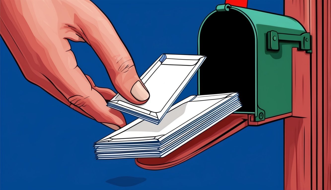 A person's hand dropping a stack of envelopes into a mailbox