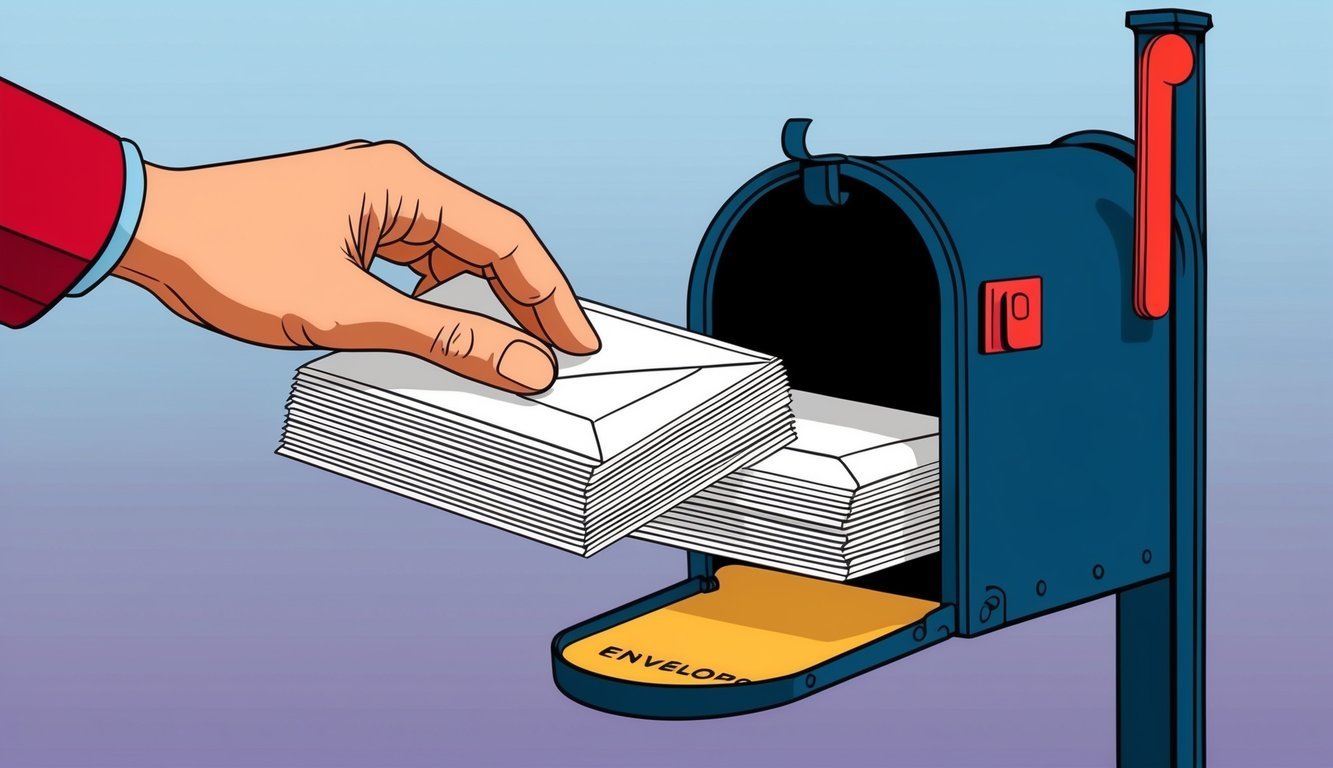 A person's hand dropping a stack of envelopes into a mailbox