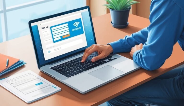 Person signing up for internet on a laptop, with a form on the desk