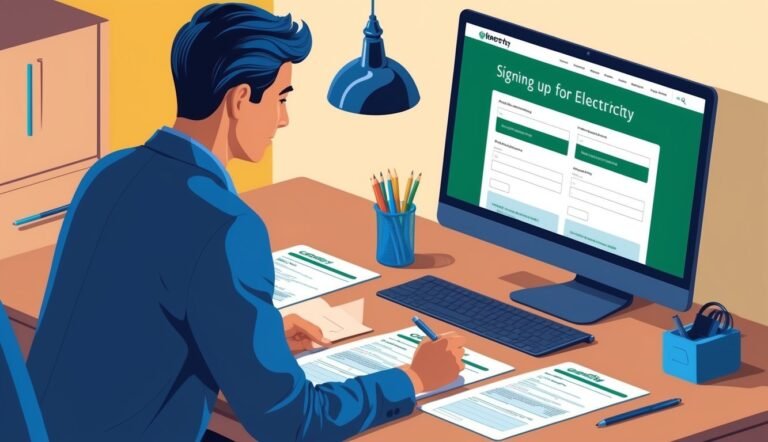 Man signing up for electricity online, with computer and paperwork