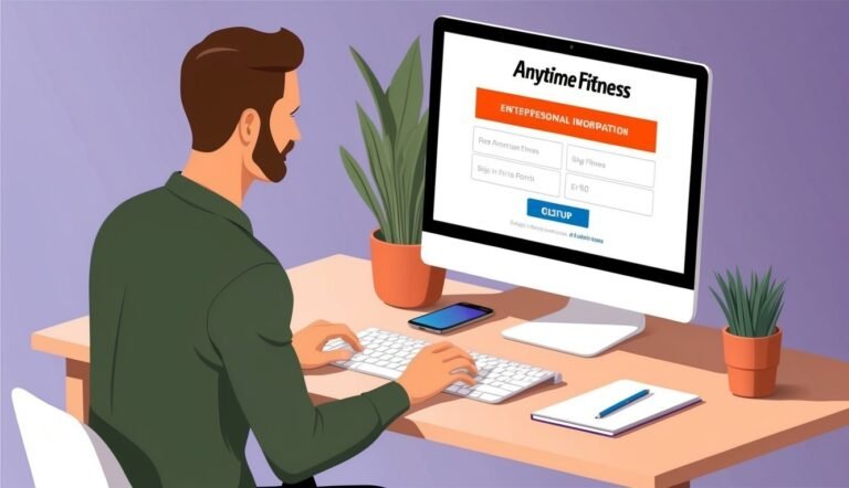 Man at desk using computer with Anytime Fitness login screen