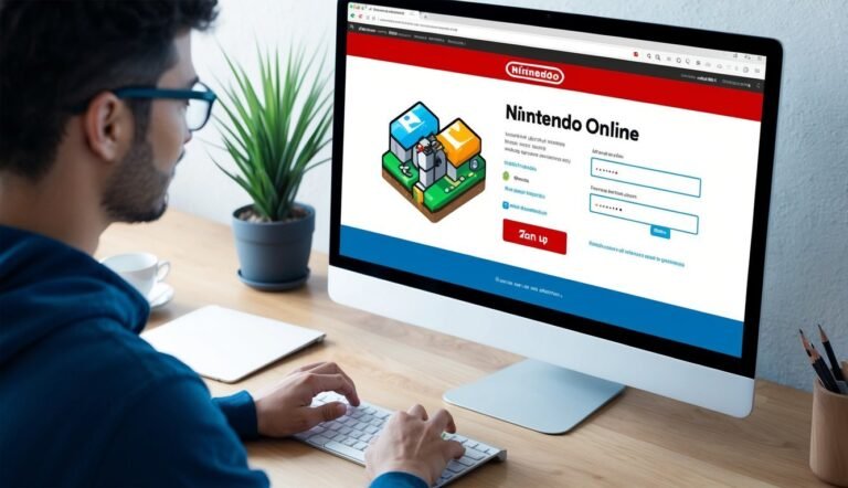 Man using computer with Nintendo Online login screen visible