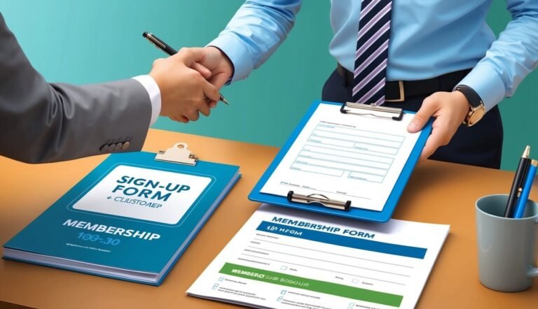 Two people shaking hands over membership forms on a desk