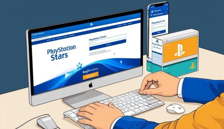 Person using a computer, phone, and window with PlayStation Stars branding