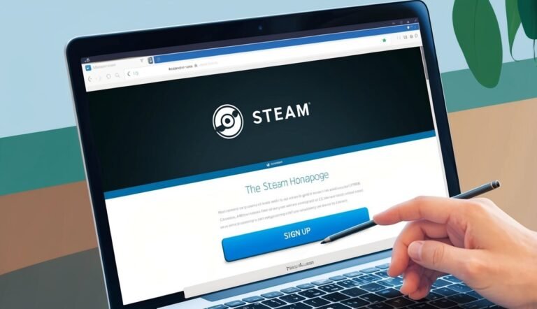 Laptop screen displaying the Steam website with a hand pointing at the "Sign Up" button