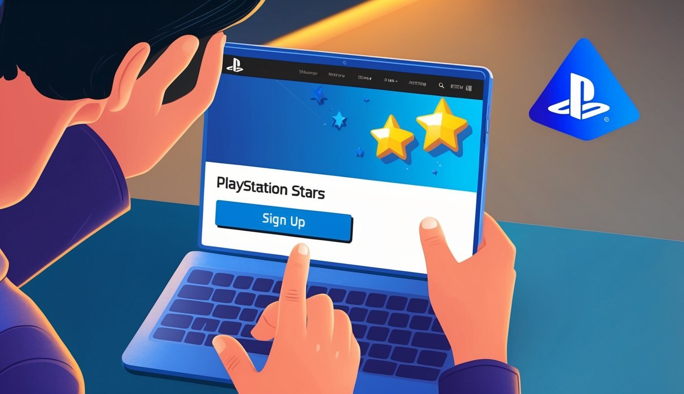 A person navigating a website, clicking on "Sign Up" button, with a PlayStation Stars logo in the corner