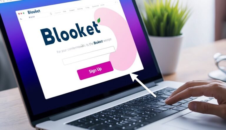 Laptop screen displays the Blooket website with a sign-up button