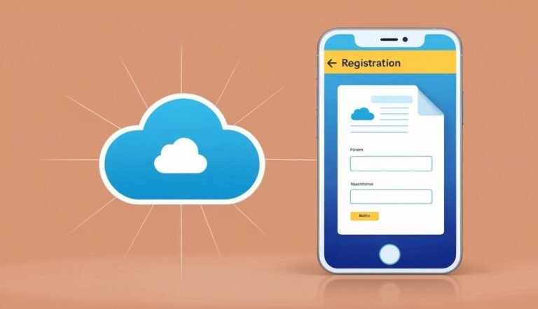 Smartphone displaying a registration form with a cloud icon on a peach background