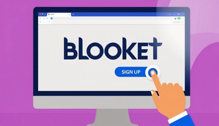 Blooket website on a computer screen with a hand pointing to "Sign Up"