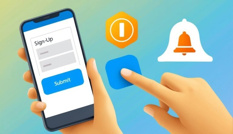Smartphone with sign-up form, notification icons, and a finger touching a button