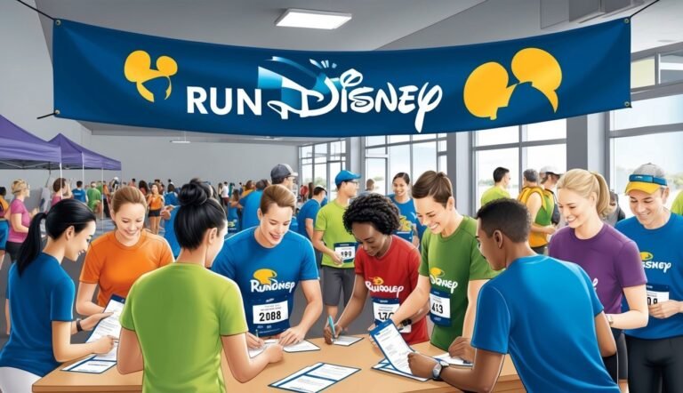 Run Disney race registration with runners signing forms under a banner