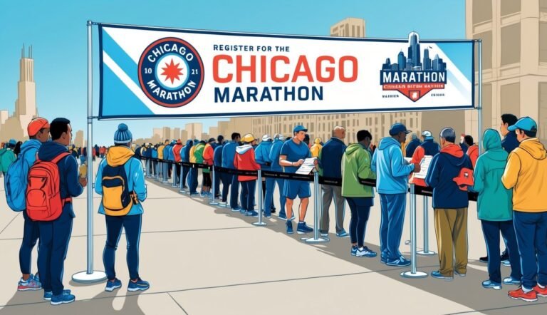People line up to register for the Chicago Marathon under a banner