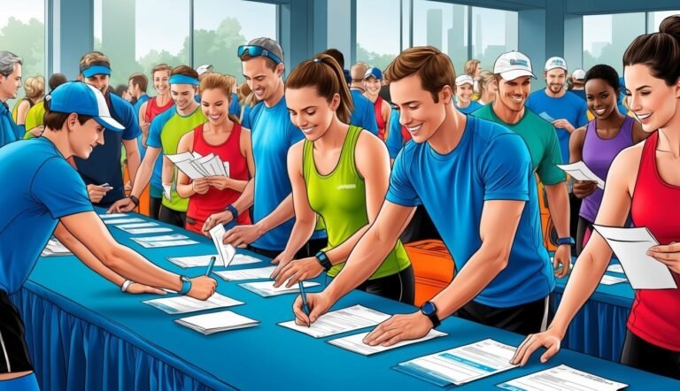 People signing up for a race at a registration table, smiling and happy