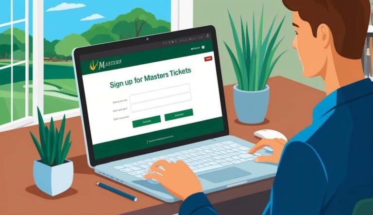 Man signing up for Masters tickets on a laptop at a desk