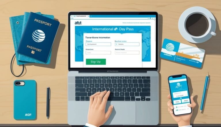 Laptop with AT&T International Day Pass form, passport, phone, and coffee cup