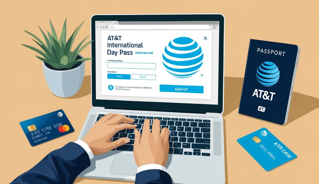 A person filling out a form online to sign up for AT&T International Day Pass, with a laptop, passport, and credit card nearby