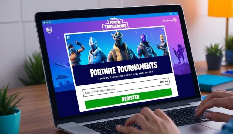 Laptop screen displaying Fortnite Tournament registration page with hands typing