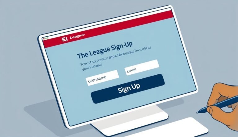 League sign-up screen with username, email fields, and a hand with pen
