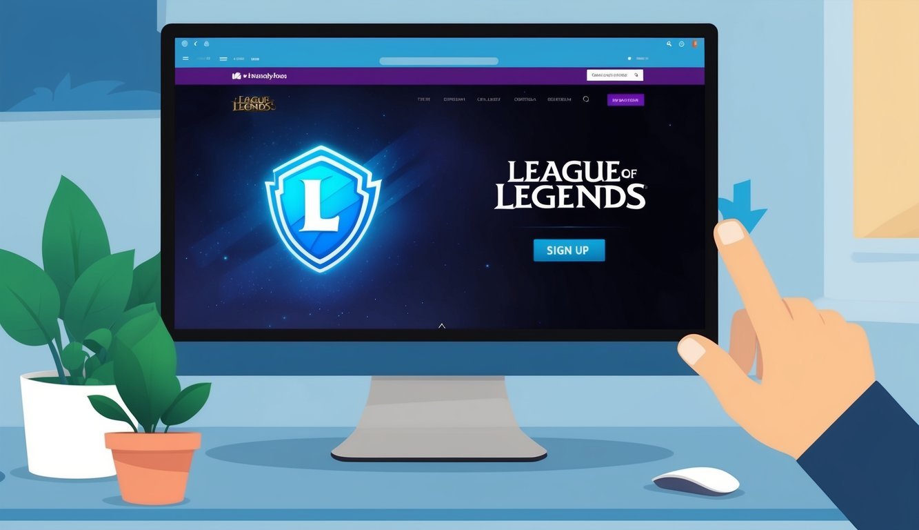 A computer screen displaying the League of Legends website, with a cursor clicking on the "Sign Up" button