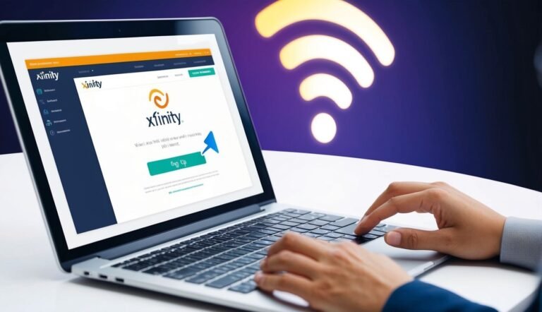 Person using laptop with Xfinity website, wifi symbol in background