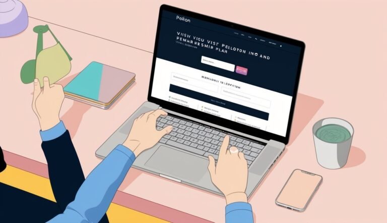 Person typing on a laptop with a website open, desk with accessories